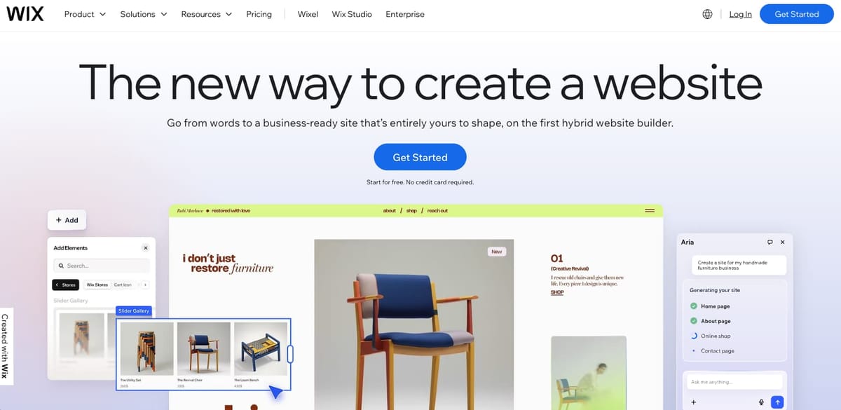 Wixの公式サイトのトップ画面。「The new way to create a website」の見出しと、AIで家具店のサイトを生成している編集画面